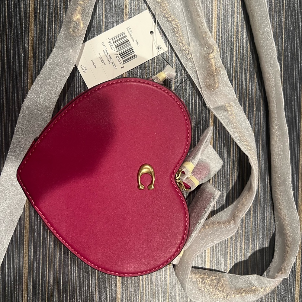 Brass/cherry valentines mini coach heart bag NWT